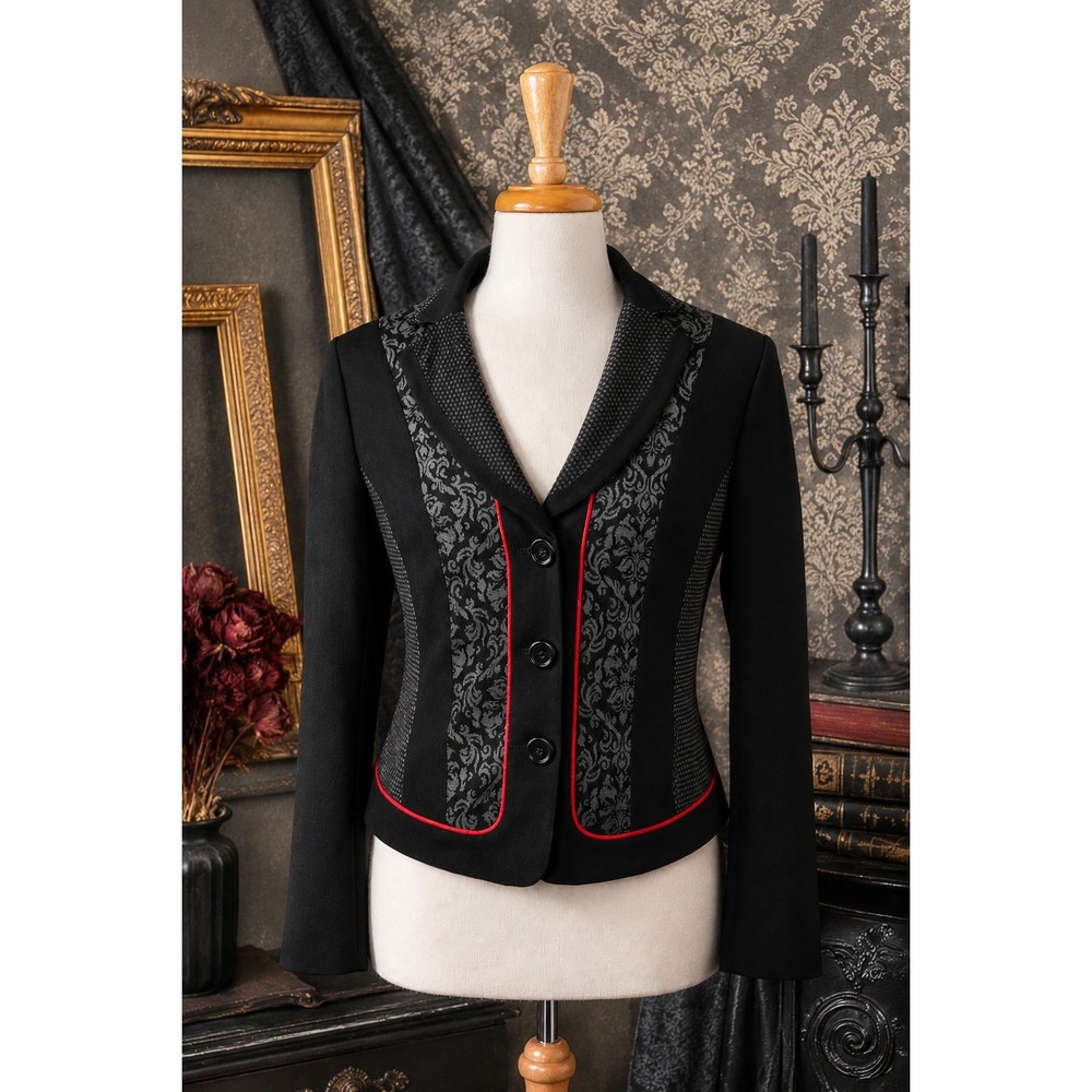 Black Jacquard Fitted Blazer Red Piping Gothic Dark Academia Jacket Size L